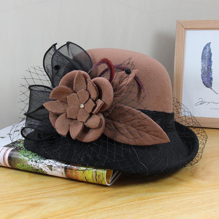 Woolen Hat Women'S Autumn And Winter British Retro Versatile Basin Hat Hepburn Mesh Flower Crimped Top Hat
