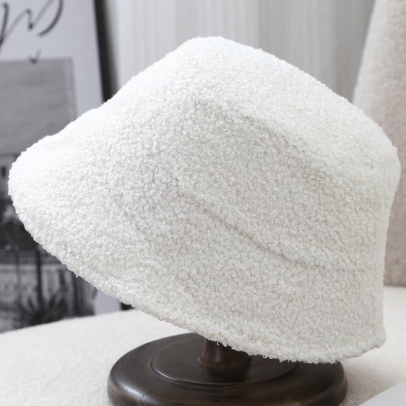 Solid color lamb wool bucket hat women's autumn and winter new simple warm and cold versatile wide brim casual ear protection bucket hat