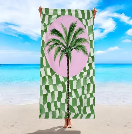 1 Extra-Large Beach Towel Featuring Tropical Palm Trees and Plaid Design Lightweight Ideal for Beach Pool Camping Travel