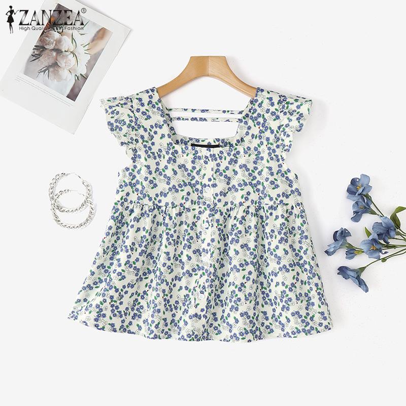 ZANZEA Women Casual Square Collar Cap Sleeve Summer Floral Blouse