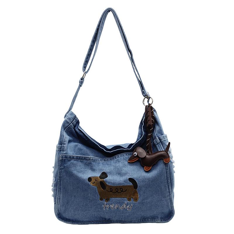 

Cowboy Shoulder Bag, Japanese Style Large Capacity Sausage Dog Crossbody Bag, Female Student Class Bag джинсовий синього кольору