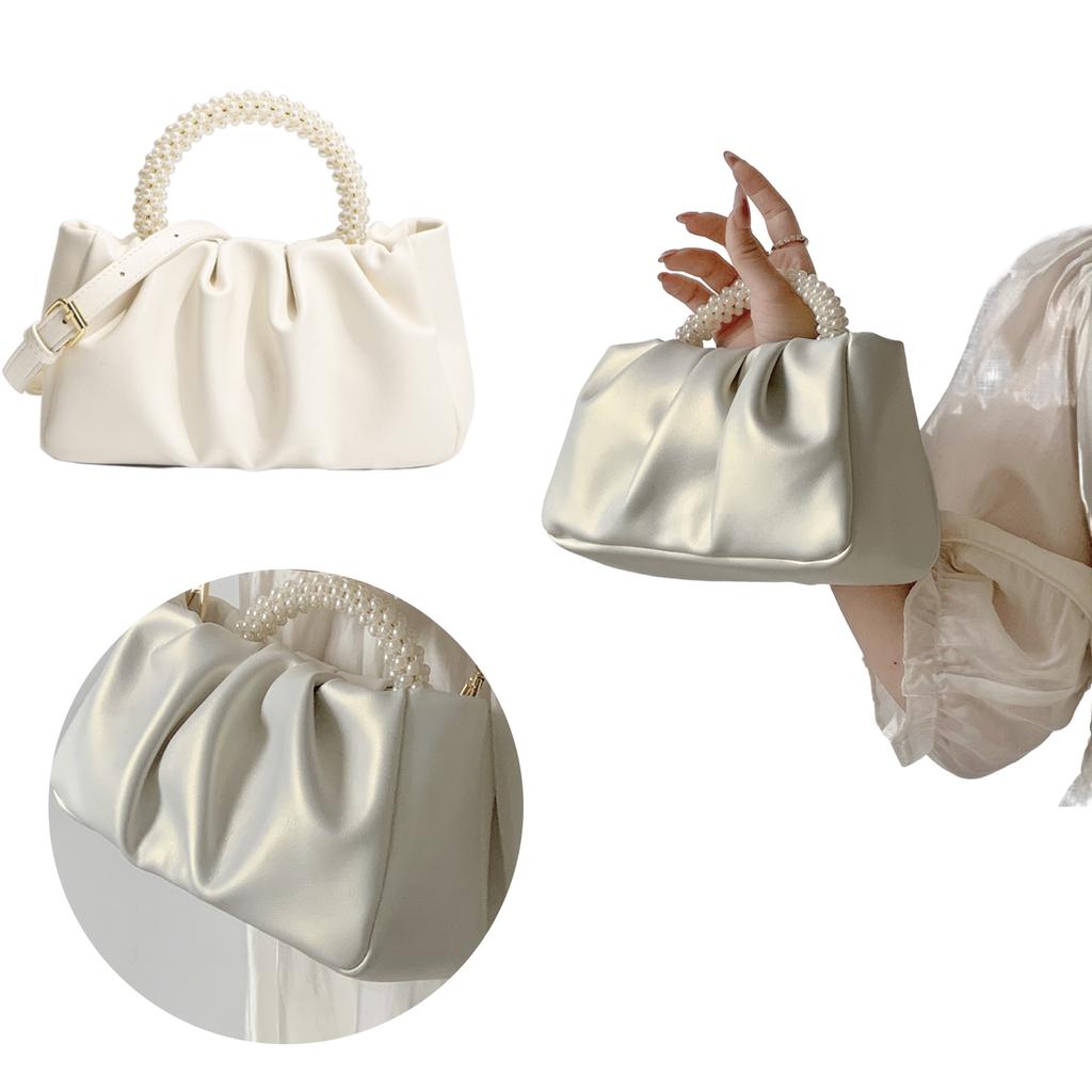 PU Leather Cute Handbag with Pear Handle Pleated Crossbody Bag Solid Color Sweet Shoulder Bag Travel Shopping Shoulder Bag