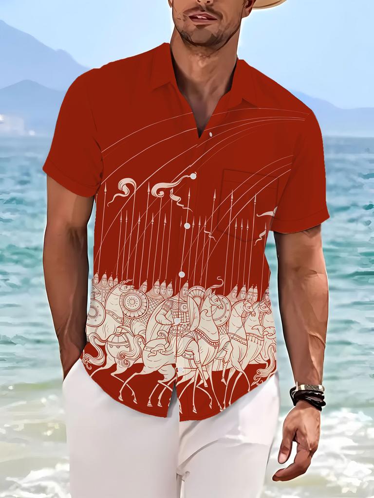 Printed Design – Not Textured, New Summer Men's Red Totem Print Shirt, Casual Style Short Sleeve Lapel Top, Fashionable and Versatile, the Perfect