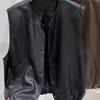 Women's Autumn 2025 Solid Color PU Leather Sleeveless Vest with Layered Shoulder Pads - Korean Style Fashion
