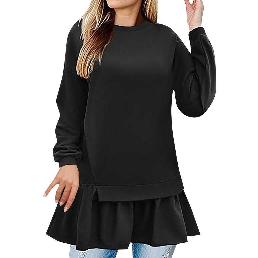 Women's Fashion Casual Loose Long Sleeve Ruffle Mid-Length Solid Color Sweatshirt