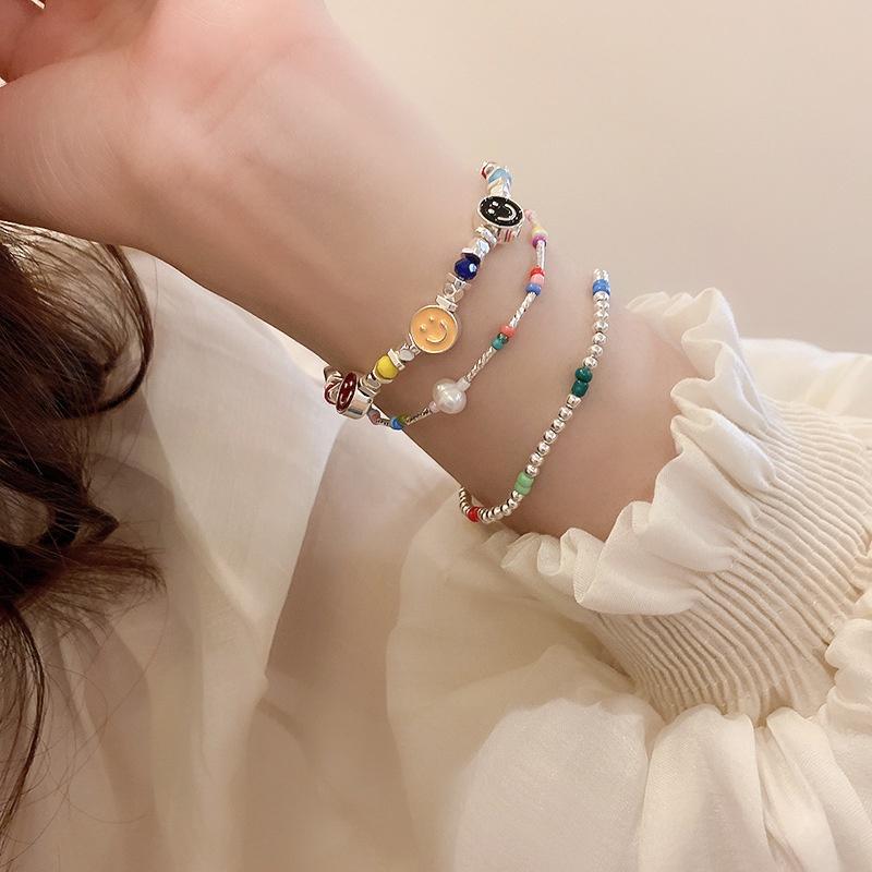 iF ME Colorful Bead Broken Silver Chain Bracelet for Women Artificial Pearls  Smiling Face Bracelets Jewelry Accessories