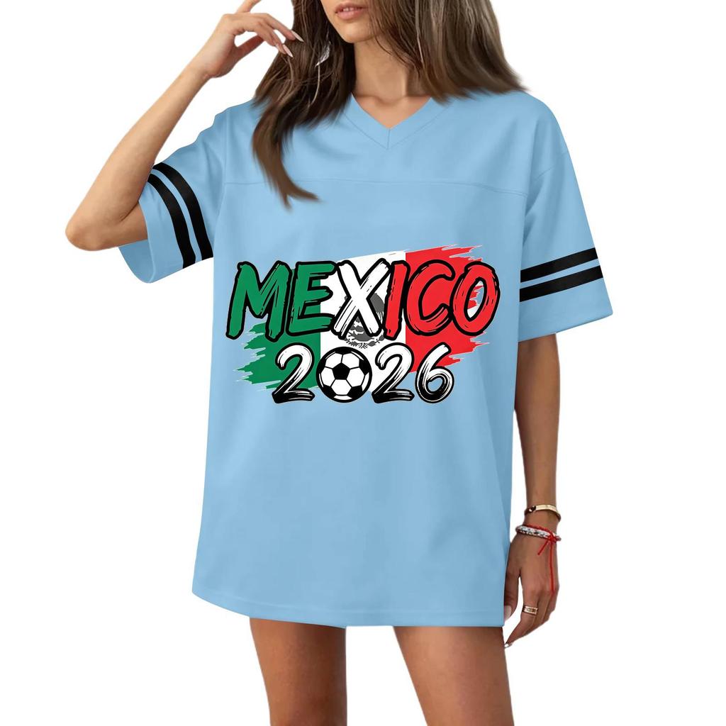 Women V Neck Casual Soccer Jersey Style Short Sleeve Top with Mexico 2026 Flag Print for Sports and Wear