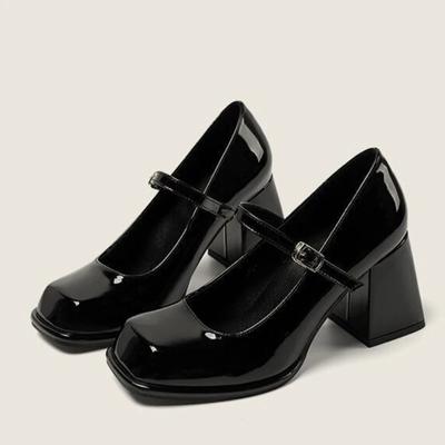 Ladies Shoes 2024 Fashion Buckle Women's Pumps Autumn Mary Jane Square Toe Solid Dress Block Heel Shallow Shoes Zapatos Mujer