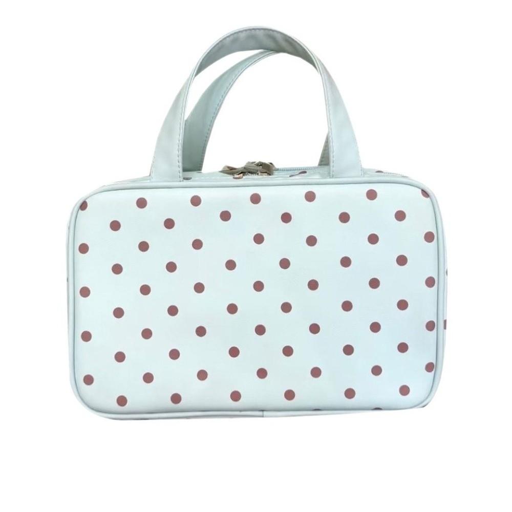 Portable Polka Dot Makeup Bag Large Capacity with Handle Cosmetic Bag Three Layer PU Travel Toiletry Bag