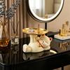 Cute Lying Lucky Cat Resin Figurine with Metal Tray Animal Sculpture for Jewelry Storage Living Room Vanity Table Home Decor