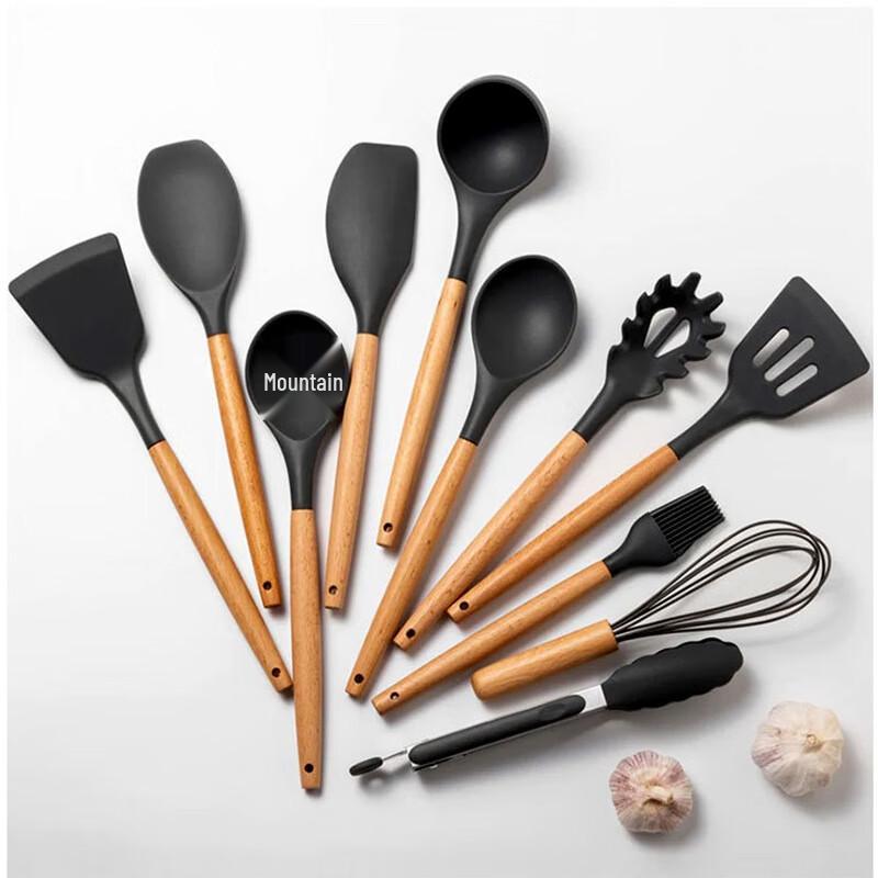 ZISIZ Silikon Küchenutensilien-Set mit Holzgriffen