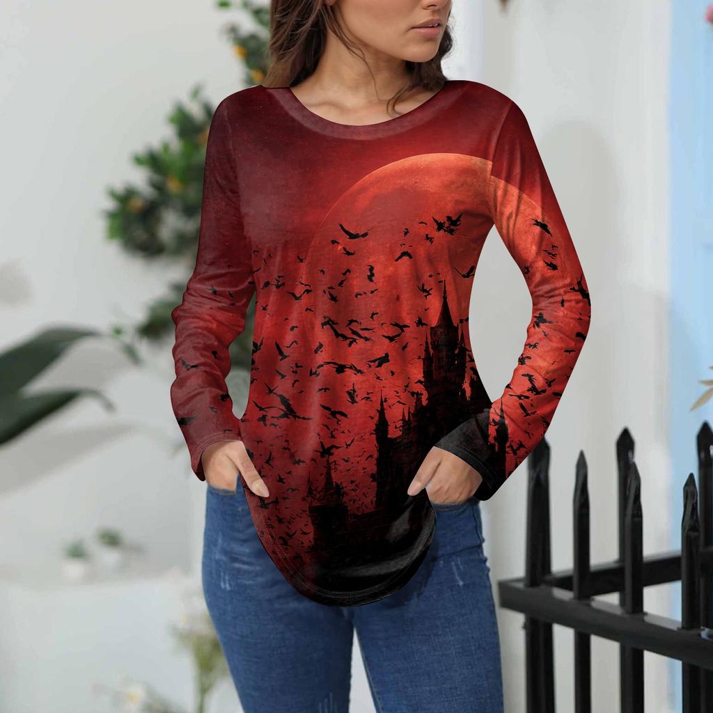 Women's Loose Fit Long Sleeve T-Shirt with Retro Halloween Print, Neck Pullover Top
