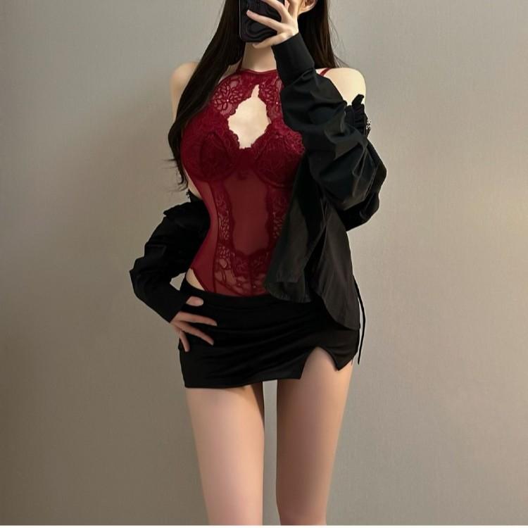 Man Desire Erotic Underwear Pure Desire Lace Neck Sling Vest Spice Girl Slim Fit Sexy Inner Short One-piece Top