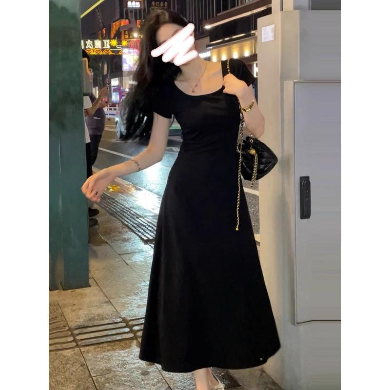 

French square collar exposed collarbone short-sleeved dress women s summer new pure desire temperament waist thin dress S чёрный