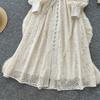 French High-end Stand-up Neck V-neck Lantern Sleeve Lace Dress Women's Waist and Thin Temperament Single-breasted Long Skirt