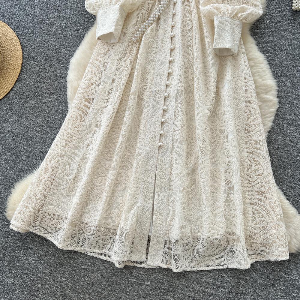 French High-end Stand-up Neck V-neck Lantern Sleeve Lace Dress Women's Waist and Thin Temperament Single-breasted Long Skirt