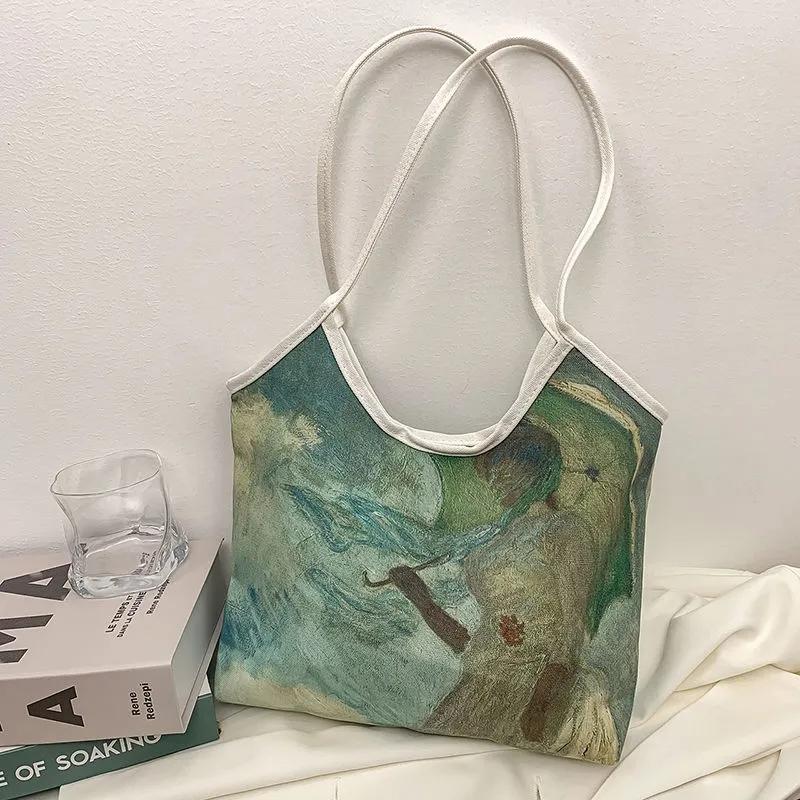 

WTEMPO Простые сумки большой емкости с масляной живописью и холстом, сумки на одно плечо для отпуска, повседневные сумки 31*8*27cm зелёный