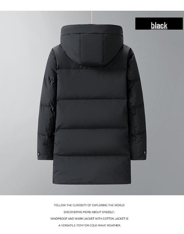 Men's Mid-Length Hooded Black Down Jacket - Thickened Winter White Duck Down Coat for Warmth