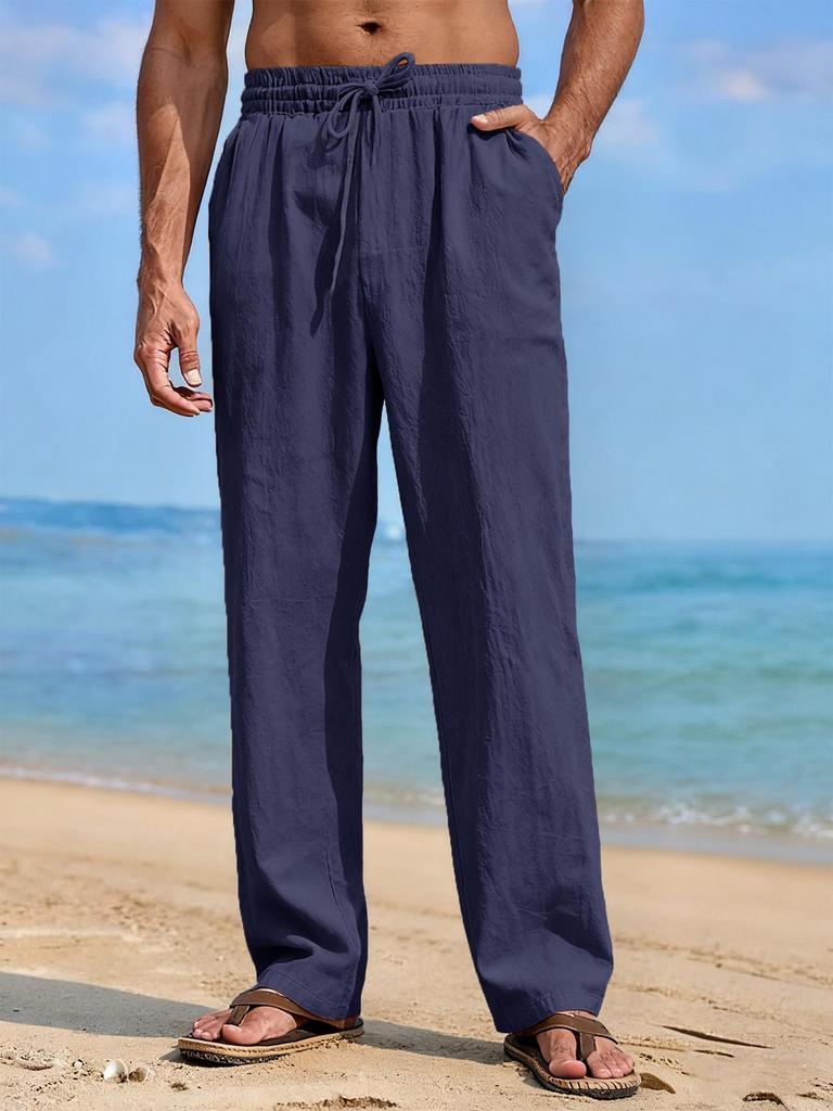 Pantaloni da Uomo Estivi in Misto Lino Gamba Dritta Leggeri Traspiranti da Spiaggia Casual con Vita Elastica e Coulisse per Comfort Tutto il Giorno