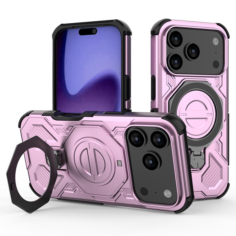 

For iPhone 17 Pro Magnetic Case Rotating Metal Kickstand Shockproof PC+TPU Phone Back Cover Pink