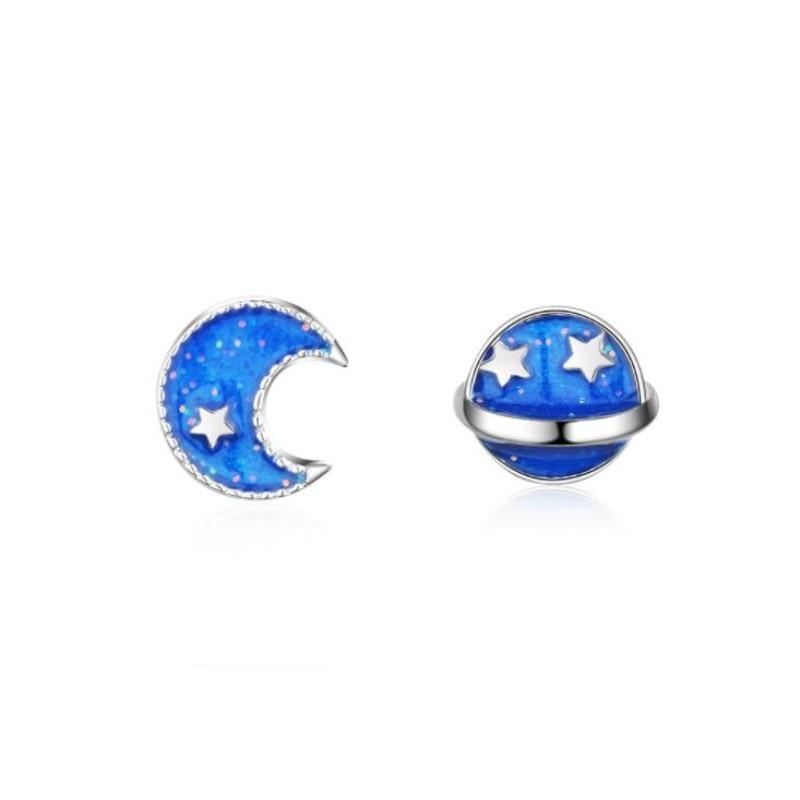 Korean Style Temperament Simple And Lovely 925 Sterling Silver Jewelry Moon And Star Blue Planet Female Earrings E074
