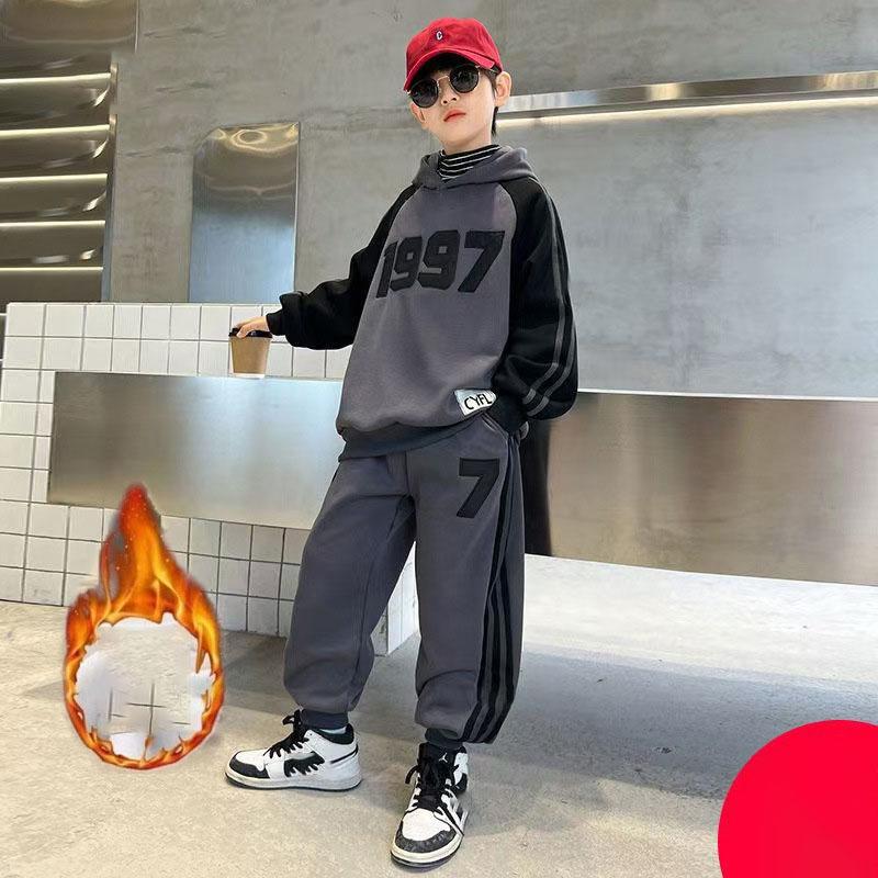 

Зимний флисовый и утепленный комплект для мальчиков, Повседневная детская одежда, Толстовка и спортивные штаны для мальчиков, Спортивный костюм-двойка 160 серый