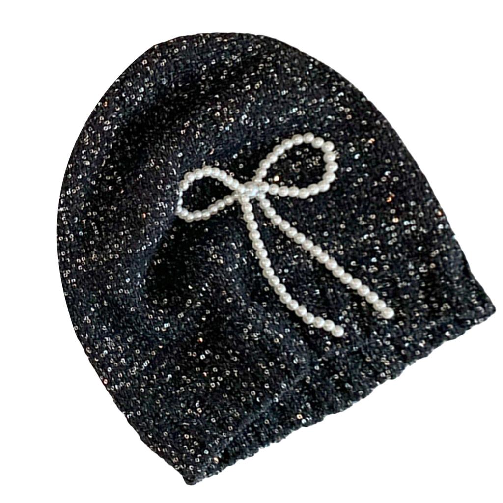 Pearl Bows Knitted Hat Elegant Ladies Hat Comfortable Soft Hat Shiny Glitter Hat for Men and Women