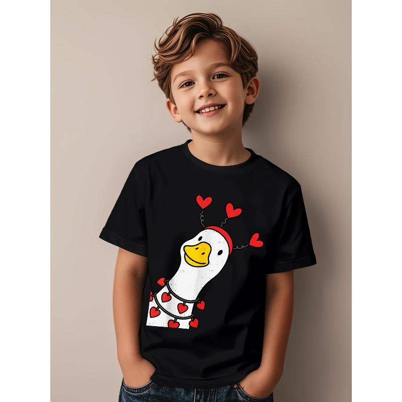 European sizes Boys & Girls Cute Goose Duck Valentines Day T-Shirt - Retro Short Sleeve Shirt with Goose & Duck Graphics, Round Neck Casual Top 98cm чёрный