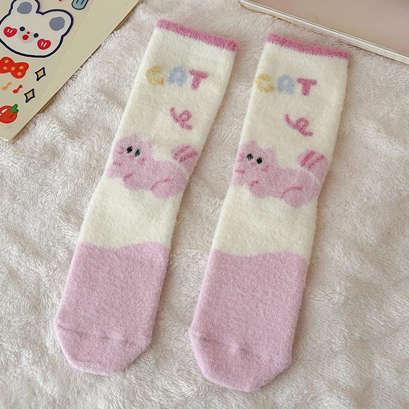 Pink Australian Velvet Socks Medium Tube Socks Season Warm, Piled And Thickened Cute Expression Cartoon Plush Sleep Socks