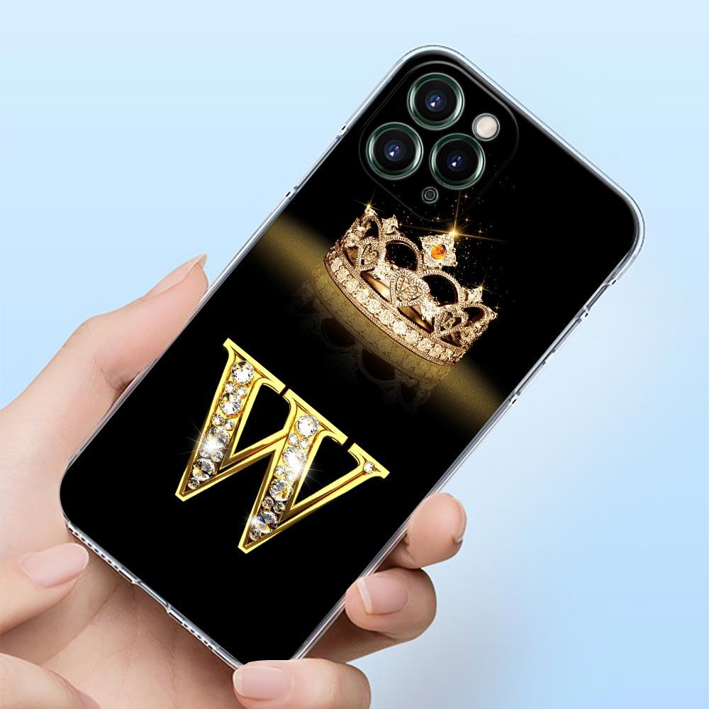 Diamond Crown First Initials Letter N T Z Shell Case for iPhone 15 16 11 12 13 14 Pro Max Mini 16 Plus Transparent Cover Fundas