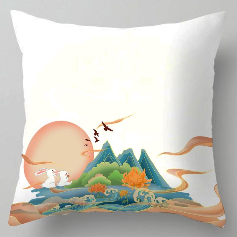 Wooden Chair Back Pillow, Tatami Bedside Pillow, Office Nap Pillow, Chinese Style Landscape Painting Pillowcase