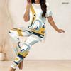 Women Plus Size Printed Two Piece Set Round Neck Short Sleeve Long Top And Fitted Long Pants