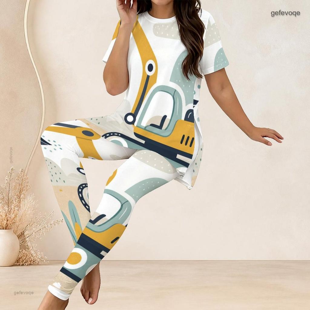 Women Plus Size Printed Two Piece Set Round Neck Short Sleeve Long Top And Fitted Long Pants
