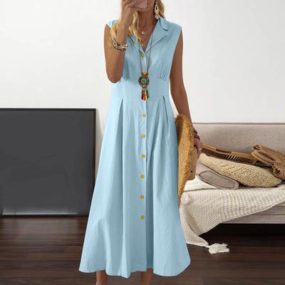 Sommer Revers V-ausschnitt Ärmelloses Hemd Kleid Hohe Taille Einreiher Taille Enge Einfarbig Midi Kleid Arbeitskleidung