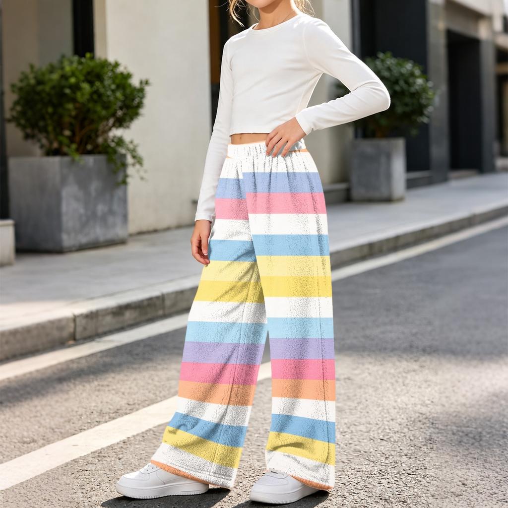 Girls' Warm Flannel Pants with Print, Loose Fit Casual Long Pants for Fall and Winter