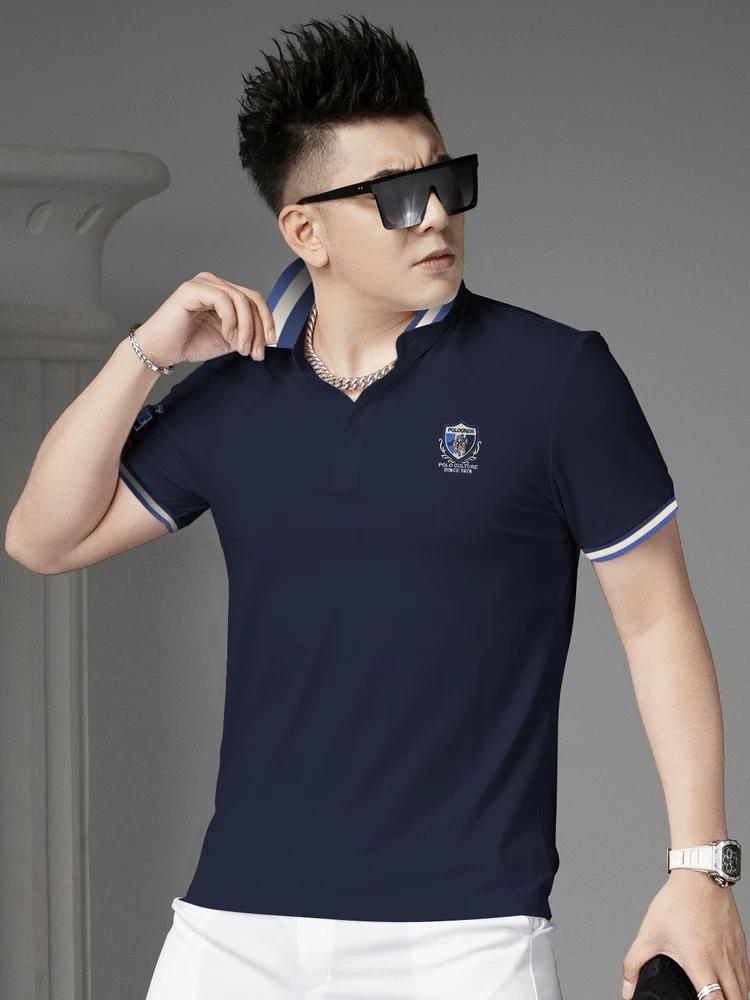 

European Goods 2025 Summer New Short-Sleeved Polo Shirt Men s Casual Lapel T-Shirt Trendy Brand Badge Half-Sleeved Top for Men 2XL тёмно-синий