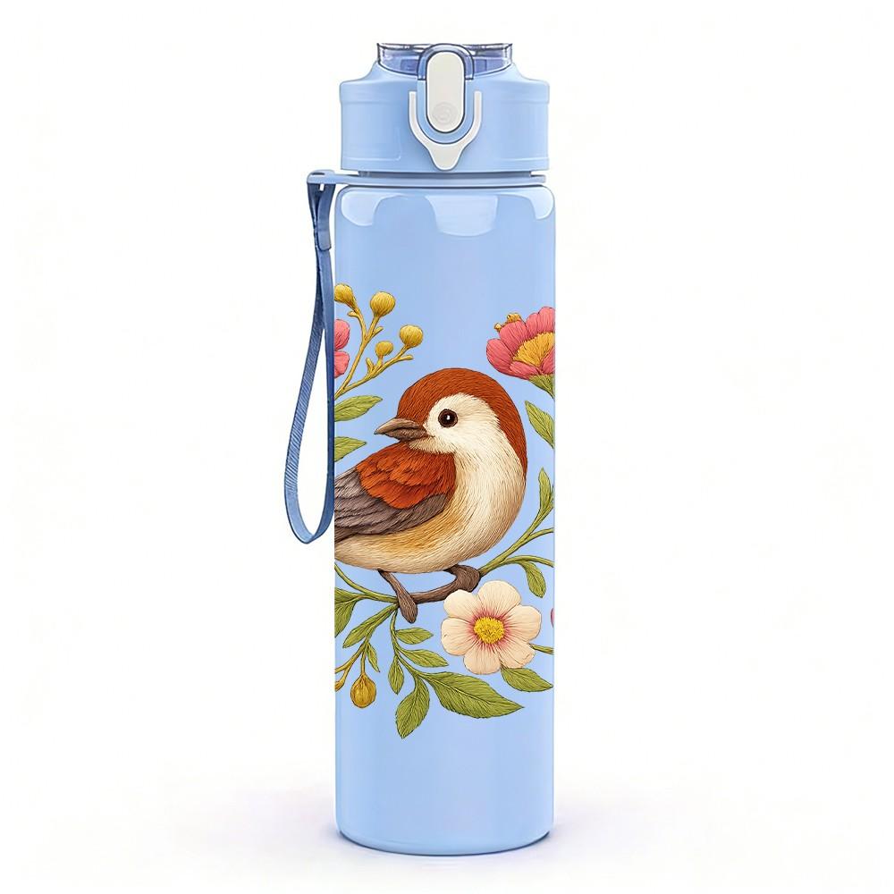 1PC Robin Bird Wildflower Print 750ml Color Plastic Sports Water Bottle Leakproof Flip Straw Lid Suitable for Sports Office Home Use