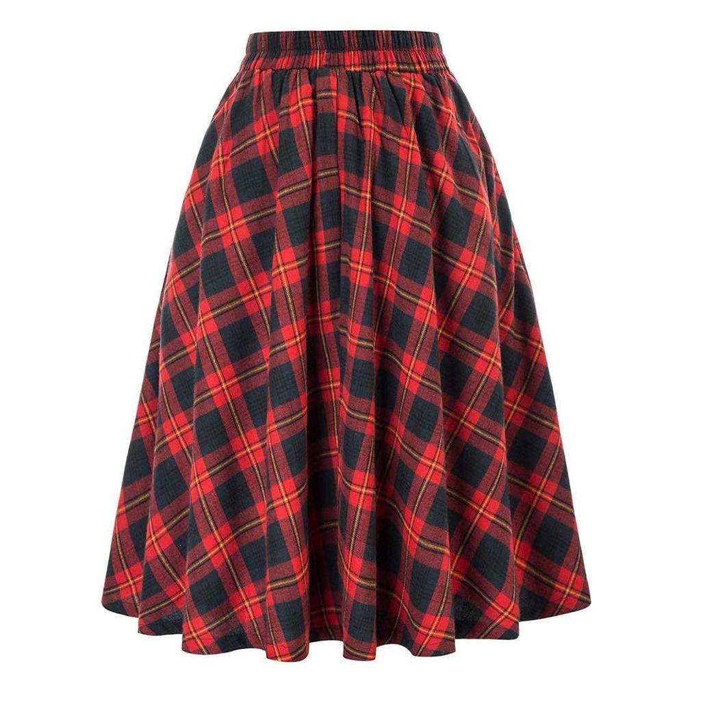 Color Block Plaid Midi Skirt - Versatile Swing Skirt for Women