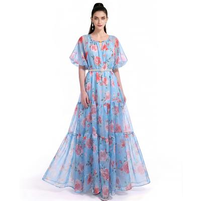 Summer Holiday Vacation Flower Print Long Maxi Dress Bohemian O-neck Short Sleeve High Waisted Chiffon Party Dresses Casual Robe