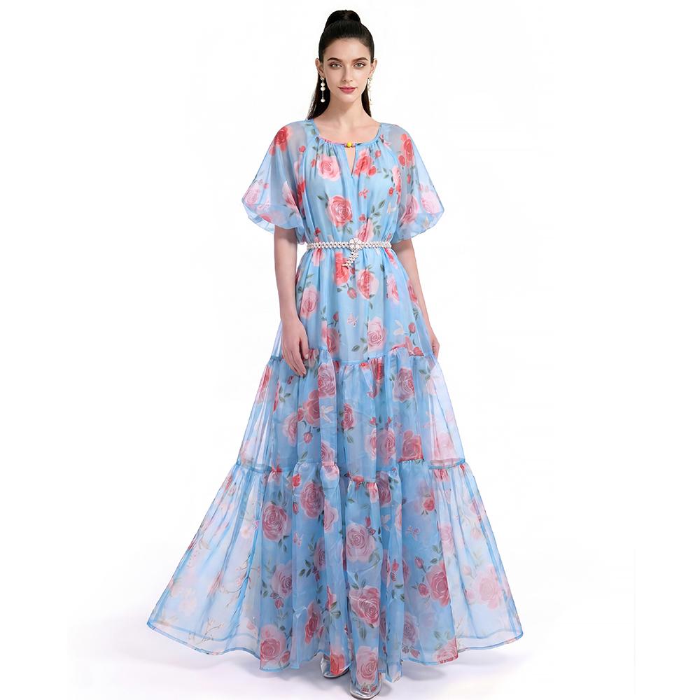Summer Holiday Vacation Flower Print Long Maxi Dress Bohemian O-neck Short Sleeve High Waisted Chiffon Party Dresses Casual Robe