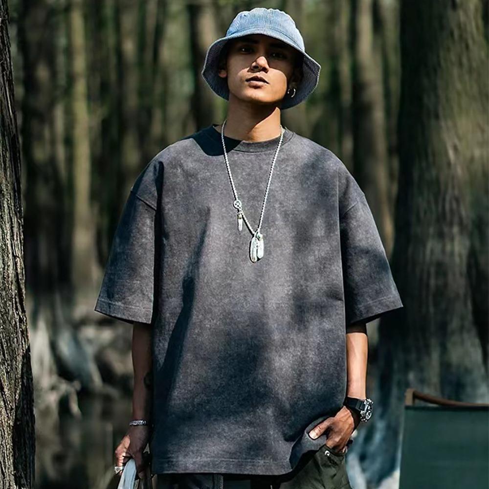 230G Praná Vintage Pánské Tričko s Krátkým Rukávem, Všestranné Jednobarevné Volného Střihu s Kulatým Výstřihem, Trendy Top Ins