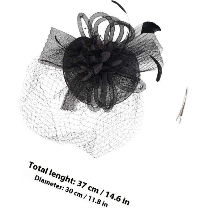 Decorative Hat with Floral Accent and Mesh for Women, Black Cocktail Tea Party Headpiece Hair Clip, Wedding Special Occasion Accessory