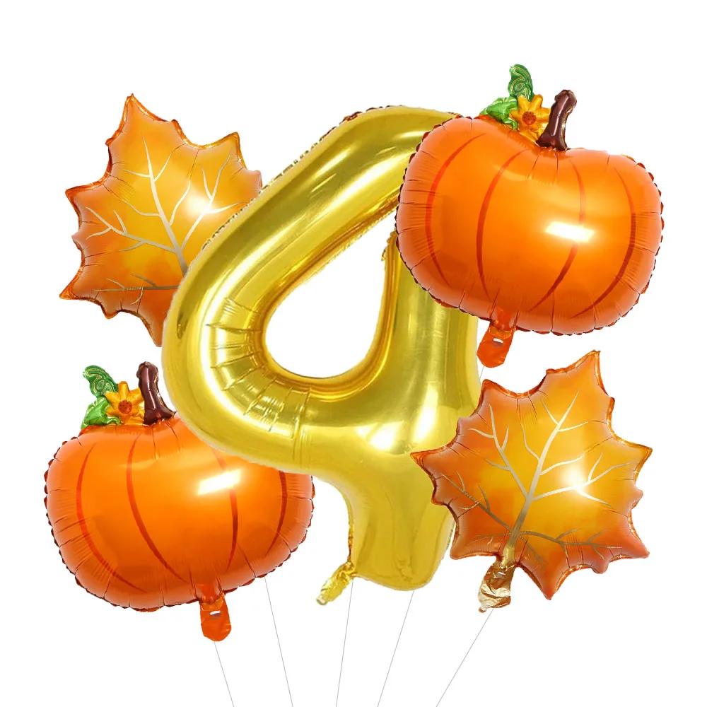 5pcs Autumn Pumpkin Maple Leaves Balloons Set 32inch Gold Number 0-9 Balloon Birthday Decorations Fall Festive Party Supplies