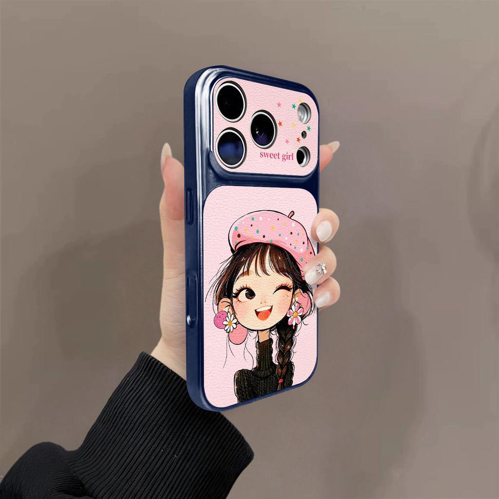 Pink hat girl for iPhone17promax mobile phone case Apple's new niche leather case