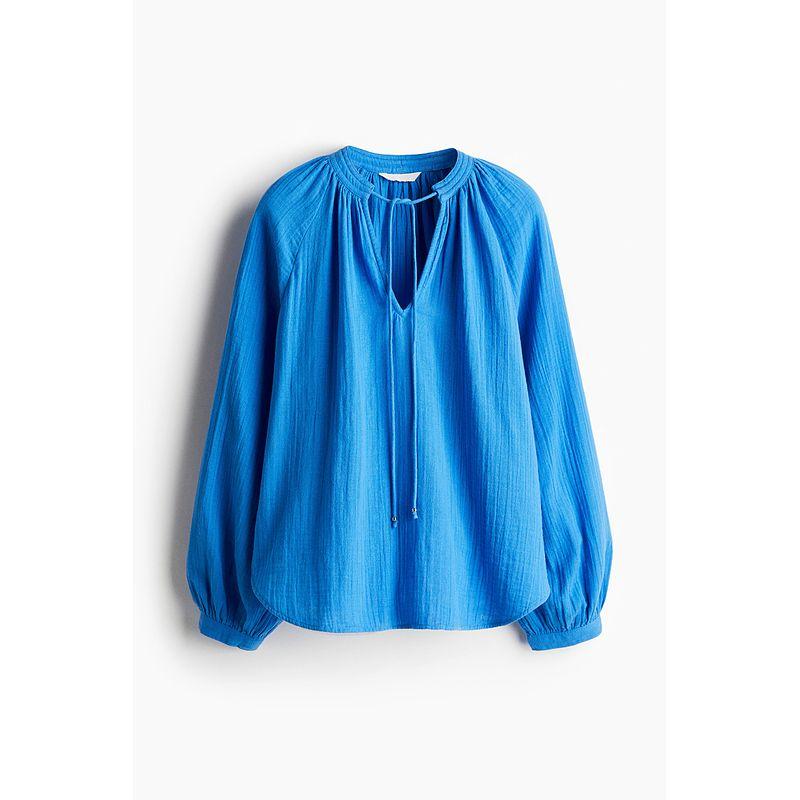 

HM Women clothes Shirts 2025 Summer New Chinese Collar Lantern Sleeve Cotton Fine Cloth Loose Long sleeve Top 1275176 Bright Blue 150/76(XXS)