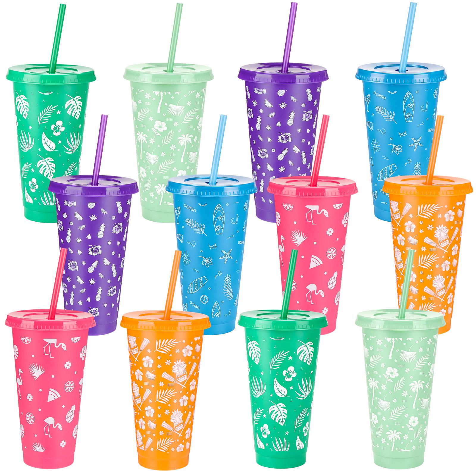 12 шт. Гавайские пластиковые стаканы с трубочкой и крышкой 24 унции Многоразовая дорожная кружка для тропической летней пляжной тематической вечеринки Подарки 1