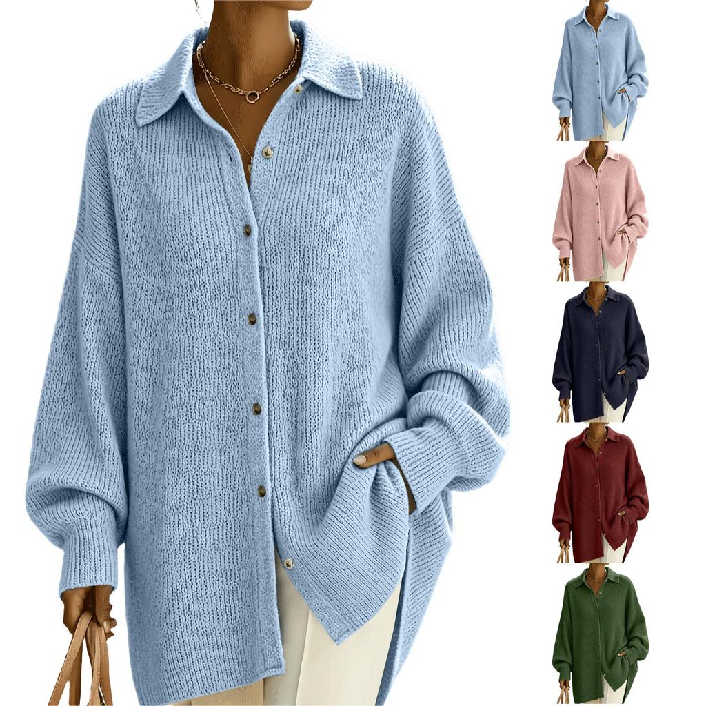 Women's Casual Single-Breasted Cardigan Sweater with Sleeves and Lapel Collar