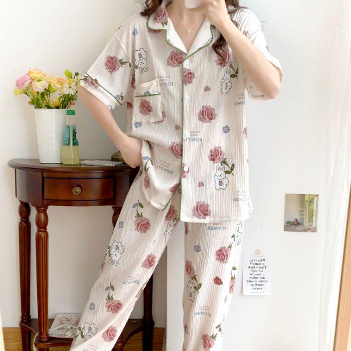 Women's Cute Cartoon Pajama Set - Short Sleeve & Long Pants, Comfortable Summer Home Wear