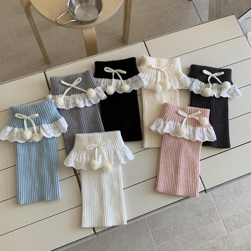 Koronkowe Wykończenie Pomponowe Podwijane Legginsy Damskie w Stylu Baletowym - Japońskie Skarpetki Marszczone na Jesień/Zimę