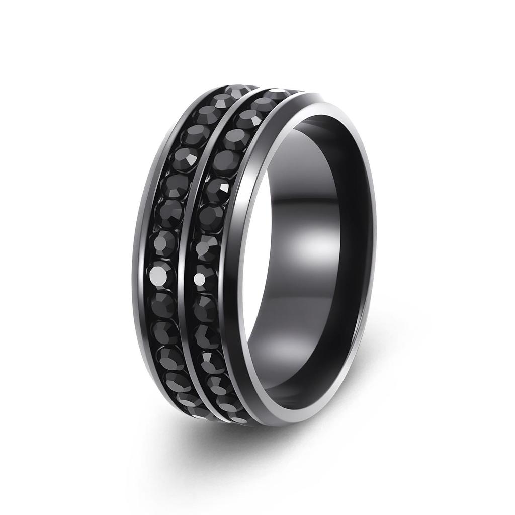 European and American Style Titanium Steel Double Row Diamond Ring - Korean High-end Stainless Steel Jewelry